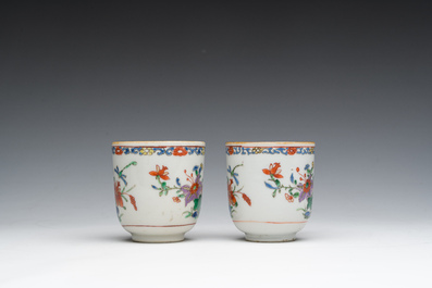 Two Chinese famille verte cups and saucers with floral design, Qianlong