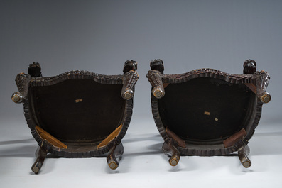 A pair of Japanese carved wooden 'dragon' chairs, Meiji, 19th/20th C.