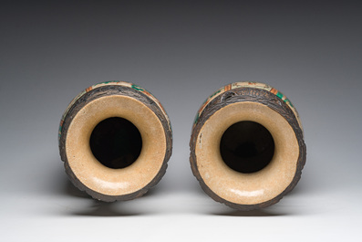 A pair of Chinese Nanking crackle glazed famille verte 'warrior' vases, 19th C.