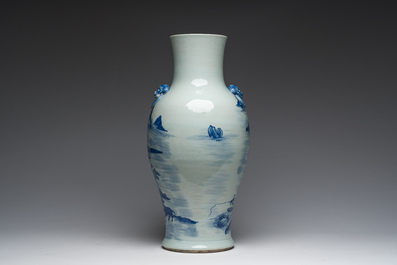 A Chinese blue and white baluster vase with an animated river landscape, 19th C.