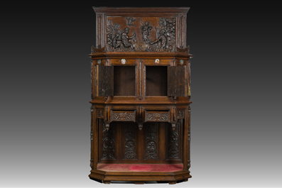 A French richly carved oak Neo-Renaissance credence with portrait miniatures, 19th C.