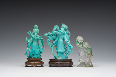 Two Chinese turquoise figures of Lan Caihe and a jade lady figure, 20th C.