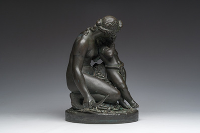 French school, follower of James Pradier (1790-1852): Venus and Cupid, green patinated bronze, 19th C.
