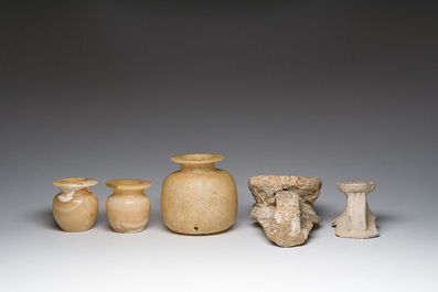 Three alabaster vases and three fragments of amphorae, presumably Egyptian period and later