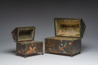Two leather-covered boxes with floral design and a Cordoba leather panel with gilt design, Mechelen, 17th/18th C. and later