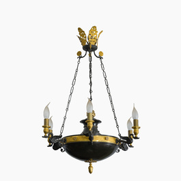 A French Empire style six-light patinated sheet metal and gilt bronze chandelier with swan design, 19th/20th C.