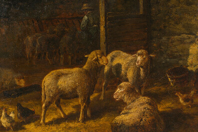 Charles Jacques (1879&ndash;1959): Sheep resting in a barn, oil on canvas