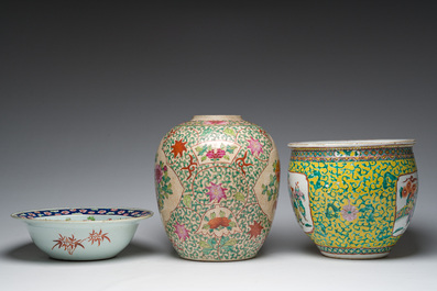A Chinese Nanking crackle glazed famille rose jar with roosters and flowers, Kangxi mark, a bowl and a famille verte jardini&egrave;re, 19th/20th C.