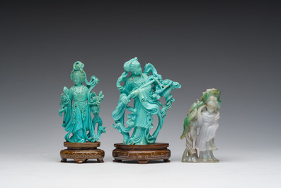 Two Chinese turquoise figures of Lan Caihe and a jade lady figure, 20th C.
