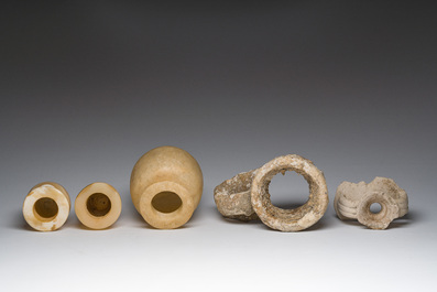 Three alabaster vases and three fragments of amphorae, presumably Egyptian period and later