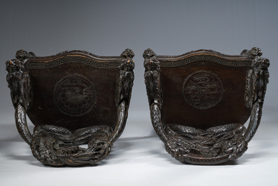 A pair of Japanese carved wooden 'dragon' chairs, Meiji, 19th/20th C.