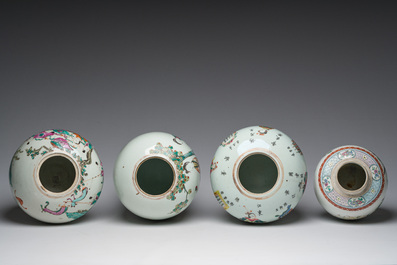 Four Chinese famille rose and qianjiang cai jars with animated scenes and floral and 'Wu Shuang Pu' design, 19th/20th C.