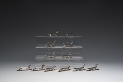 Six pairs of animal-shaped silver-plated metal cutlery rests, Wiskemann, Belgium, 20th C.