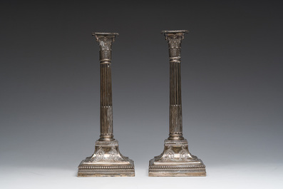 A pair of English silver Corinthian column-shaped candlesticks, maker's mark James Dixon &amp; Sons, Sheffield, dated 1906
