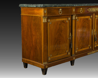 An imposing French Empire style gilt bronze mounted cherrywood dresser with a green marble top, 20th C.