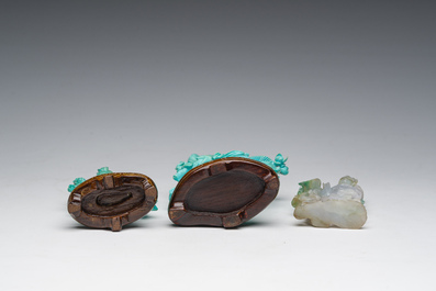 Two Chinese turquoise figures of Lan Caihe and a jade lady figure, 20th C.