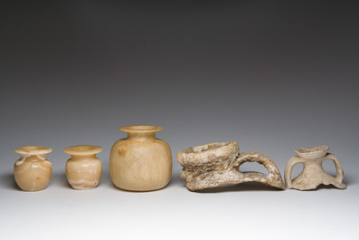 Three alabaster vases and three fragments of amphorae, presumably Egyptian period and later