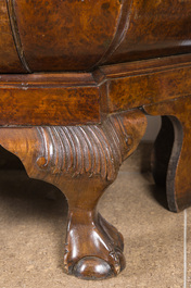 A large Louis XV style burl wood veneered wooden display cabinet with two glass doors and two drawers, ca. 1900