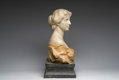 Charles Van De Waele (19th/20th C): Bust of a lady on a pedestal, polychrome decorated plaster, dated 1909