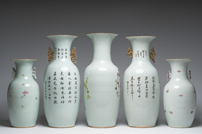 Five Chinese famille rose and qianjiang cai vases with animated scenes, animals and flowers, 19th/20th C.