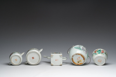 Three Chinese famille rose and qianjiang cai teapots and two bowls and covers with animated scenes and floral design, 19th/20th C.