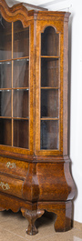 A large Louis XV style burl wood veneered wooden display cabinet with two glass doors and two drawers, ca. 1900