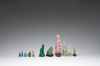 Eleven Chinese hardstone sculptures, a.o. jade, quartz, turquoise, malachite and lapis lazuli, 19th/20th C.
