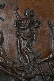 A French richly carved oak Neo-Renaissance credence with portrait miniatures, 19th C.