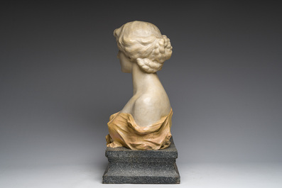 Charles Van De Waele (19th/20th C): Bust of a lady on a pedestal, polychrome decorated plaster, dated 1909