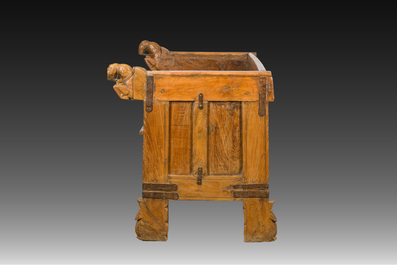 A North Indian carved wooden bridal chest with floral design and horses, Rajasthan, 20th C.