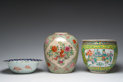 A Chinese Nanking crackle glazed famille rose jar with roosters and flowers, Kangxi mark, a bowl and a famille verte jardini&egrave;re, 19th/20th C.