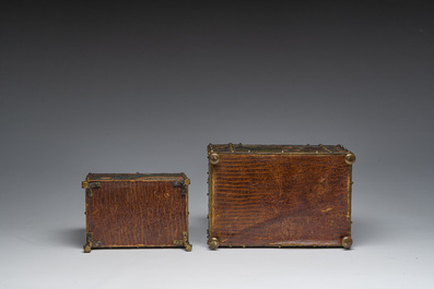 Two leather-covered boxes with floral design and a Cordoba leather panel with gilt design, Mechelen, 17th/18th C. and later