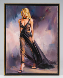 Dominic (1962): Lady in a black evening dress/Elegance, oil on canvas
