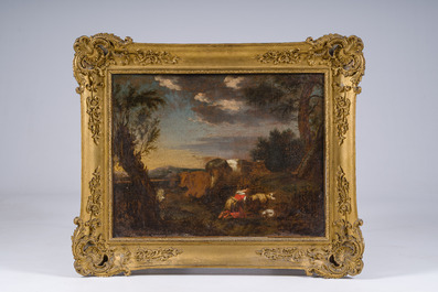 Dutch school: A shepherdess and her flock in a landscape, oil on canvas, ca. 1700