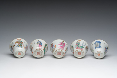 Five Chinese famille rose 'Wu Shuang Pu' cups and saucers, Daoguang marks, 19th C.
