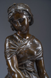 Mathurin Moreau (1822-1912): Girl sitting on a rock with a jug in her hand, brown patinated bronze on a red marble base