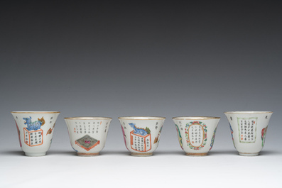 Five Chinese famille rose 'Wu Shuang Pu' cups and saucers, Daoguang marks, 19th C.