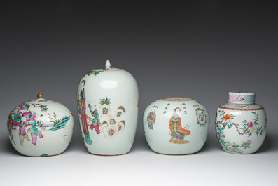 Four Chinese famille rose and qianjiang cai jars with animated scenes and floral and 'Wu Shuang Pu' design, 19th/20th C.