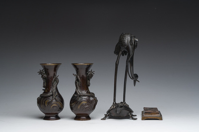 A pair of Japanese bronze vases with dragon relief design, a 'crane and turtle' joss stick holder and a stamp box, Meiji and later, 19th/20th C.