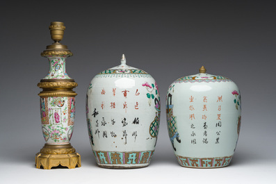 Deux pots couverts &agrave; d&eacute;cor de paniers &agrave; fleurs et un vase de Canton mont&eacute; en lampe, 19&egrave;me si&egrave;cle
