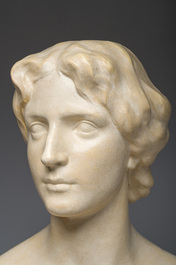 Charles Van De Waele (19th/20th C): Bust of a lady on a pedestal, polychrome decorated plaster, dated 1909