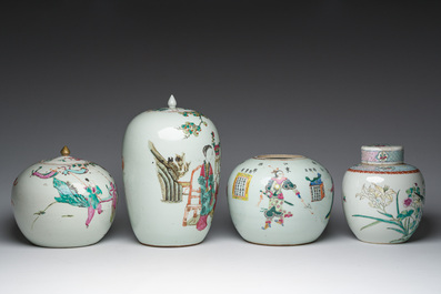Four Chinese famille rose and qianjiang cai jars with animated scenes and floral and 'Wu Shuang Pu' design, 19th/20th C.
