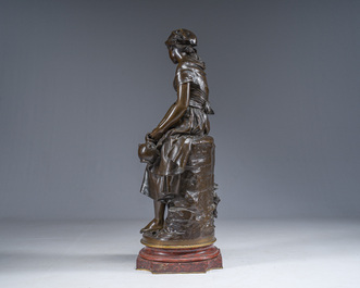 Mathurin Moreau (1822-1912): Girl sitting on a rock with a jug in her hand, brown patinated bronze on a red marble base