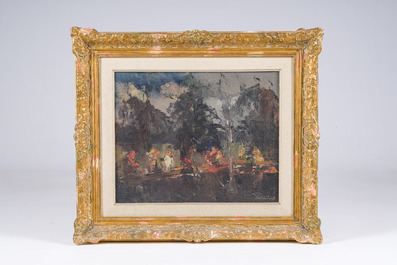 Fr&eacute;d&eacute;ric de Smet (1876-1948): 'Le jet d'eau (au jardin)', oil on painter's board