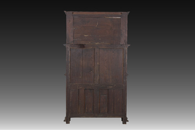 A French richly carved oak Neo-Renaissance credence with portrait miniatures, 19th C.