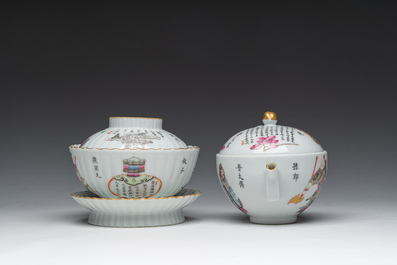 A Chinese famille rose bowl and cover on stand and a teapot and cover with 'Wu Shuang Pu' design, Daoguang marks, 20th C.