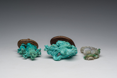 Two Chinese turquoise figures of Lan Caihe and a jade lady figure, 20th C.