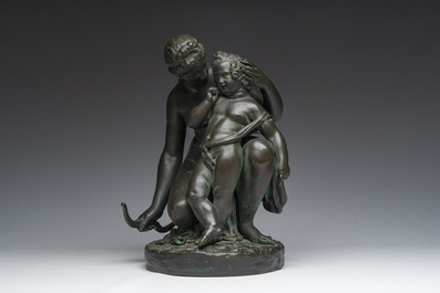French school, follower of James Pradier (1790-1852): Venus and Cupid, green patinated bronze, 19th C.