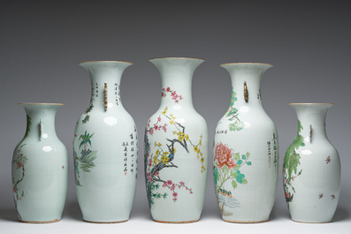 Five Chinese famille rose and qianjiang cai vases with animated scenes, animals and flowers, 19th/20th C.