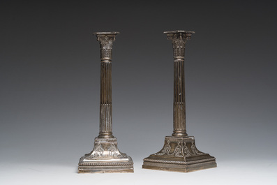 A pair of English silver Corinthian column-shaped candlesticks, maker's mark James Dixon &amp; Sons, Sheffield, dated 1906